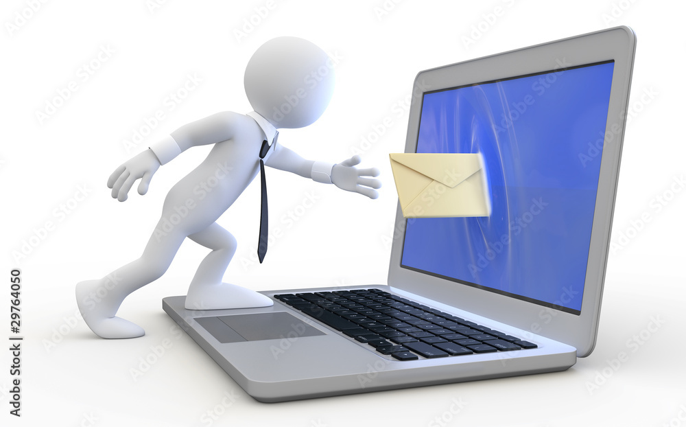 Man sending a message through the screen of a laptop Man sending a message through the screen of a laptop