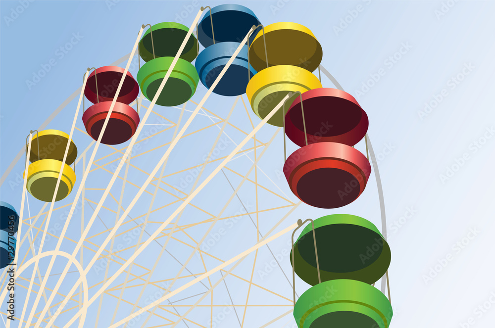 big wheel with multicolored cabins in amusement park, vector
