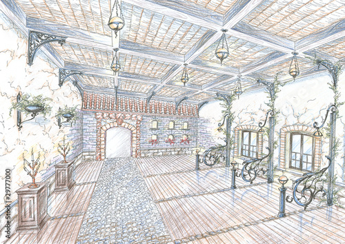 Sketch of restaurant hall in style of city street