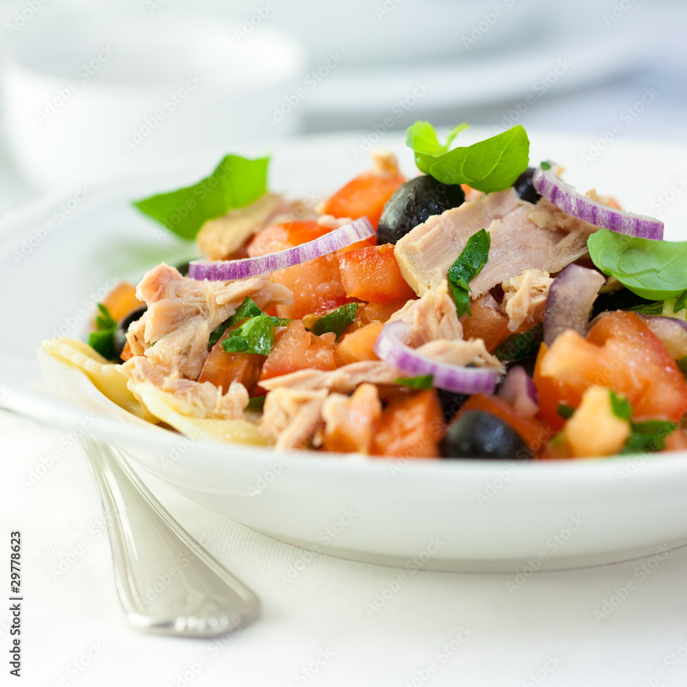Freshly prepared tuna salad with fresh tomato and pasta Freshly prepared tuna salad with fresh tomato and pasta