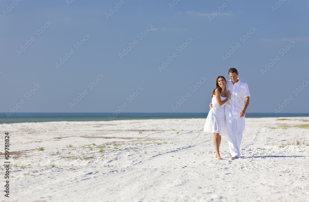 Romantic Man & Woman Couple Walking on An Empty Beach Romantic Man & Woman Couple Walking on An Empty Beach