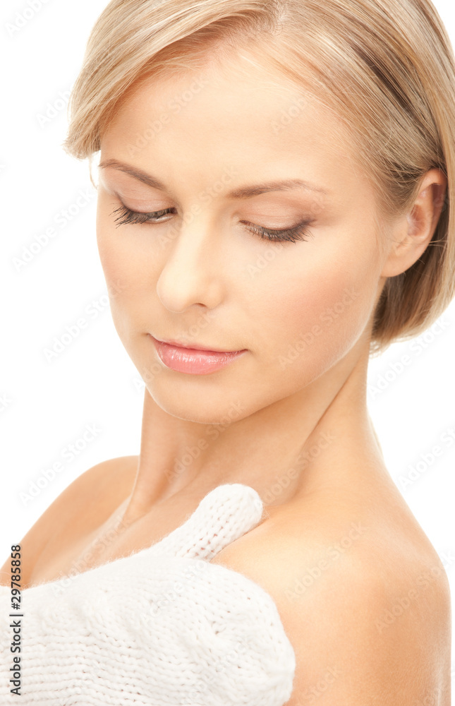 beautiful woman in white mittens beautiful woman in white mittens