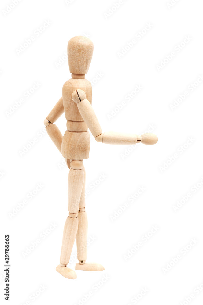 A wooden mannequin give a hand, greets. isolated on white A wooden mannequin give a hand, greets. isolated on white