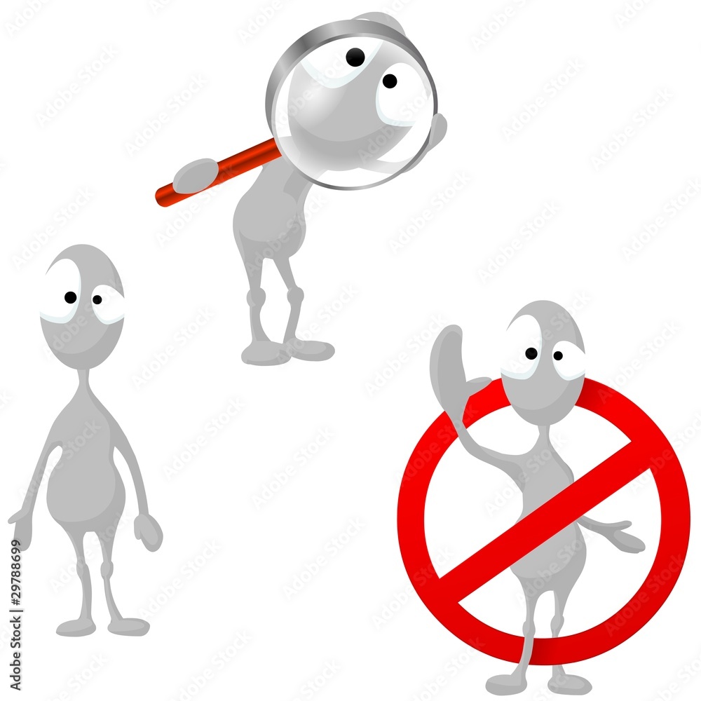 Aliens with magnifying glass; behind interdiction sign. Aliens with magnifying glass; behind interdiction sign.