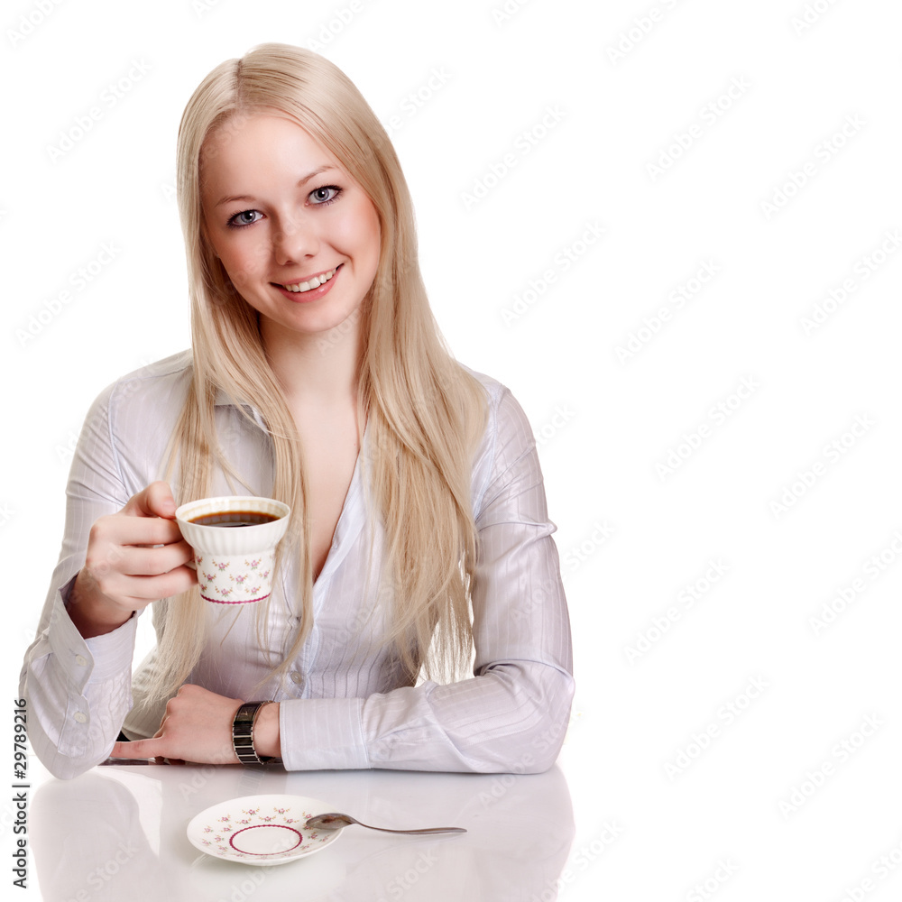 happy young woman with cup of coffee on a white background happy young woman with cup of coffee on a white background