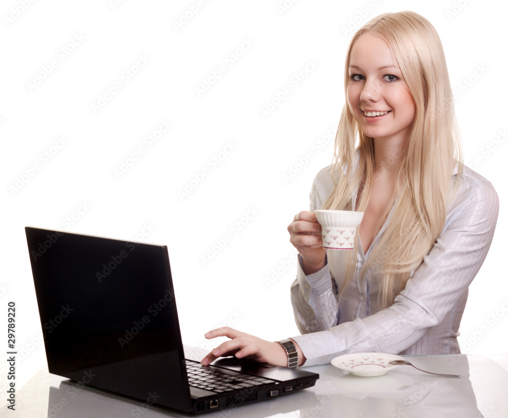 Young businesswoman, secretary or student with laptop, lunch bre