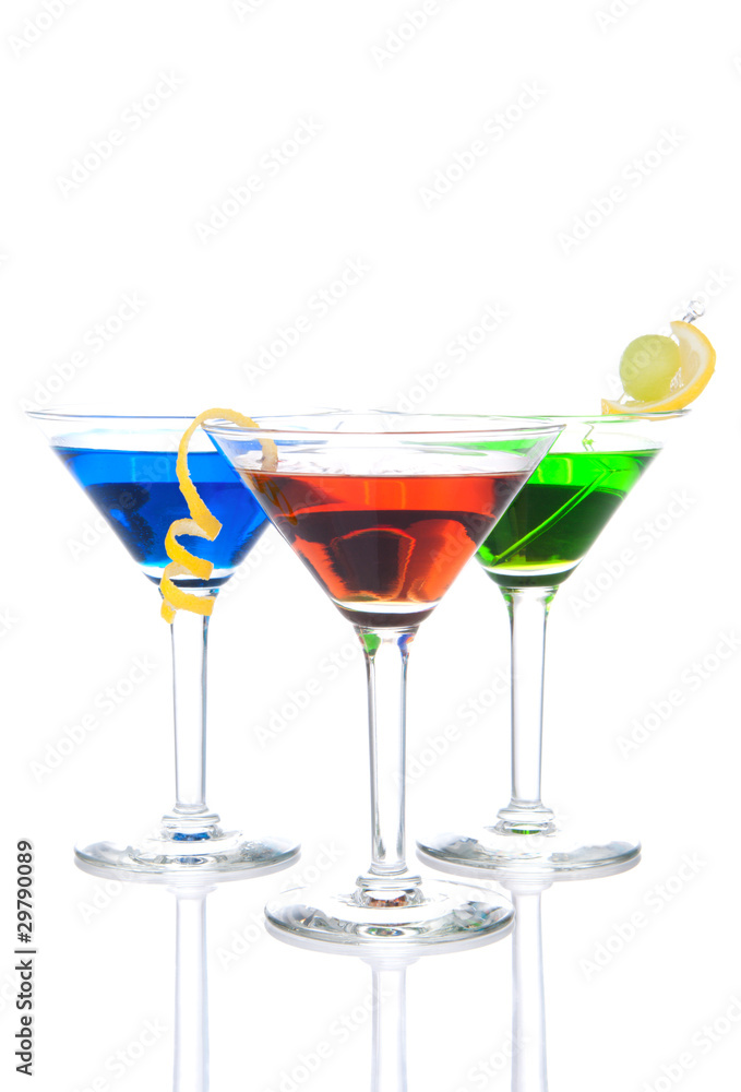 Three tropical Martini Cocktails drink red blue green Three tropical Martini Cocktails drink red blue green