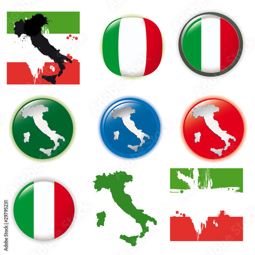 Italy vector set, flags and icons isolated on white background.