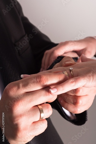 Groom putting a ring on bride s finger during wedding ceremony