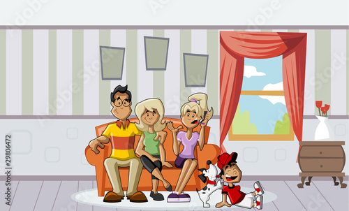 A happy cartoon family with kids on the couch