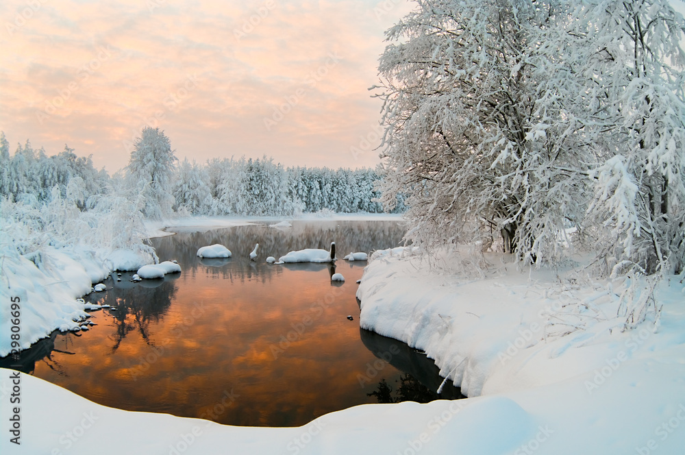 Unfrozen lake in the winter forests of Karelia, Russia - obrazy, fototapety, plakaty 
