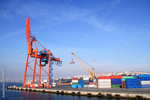 Port warehouse with cranes and containers