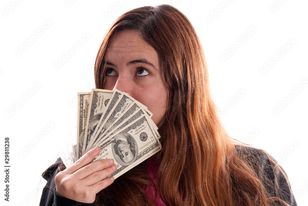 Portrait of Happy Girl with Handful of Hundred Dollar Bills Portrait of Happy Girl with Handful of Hundred Dollar Bills
