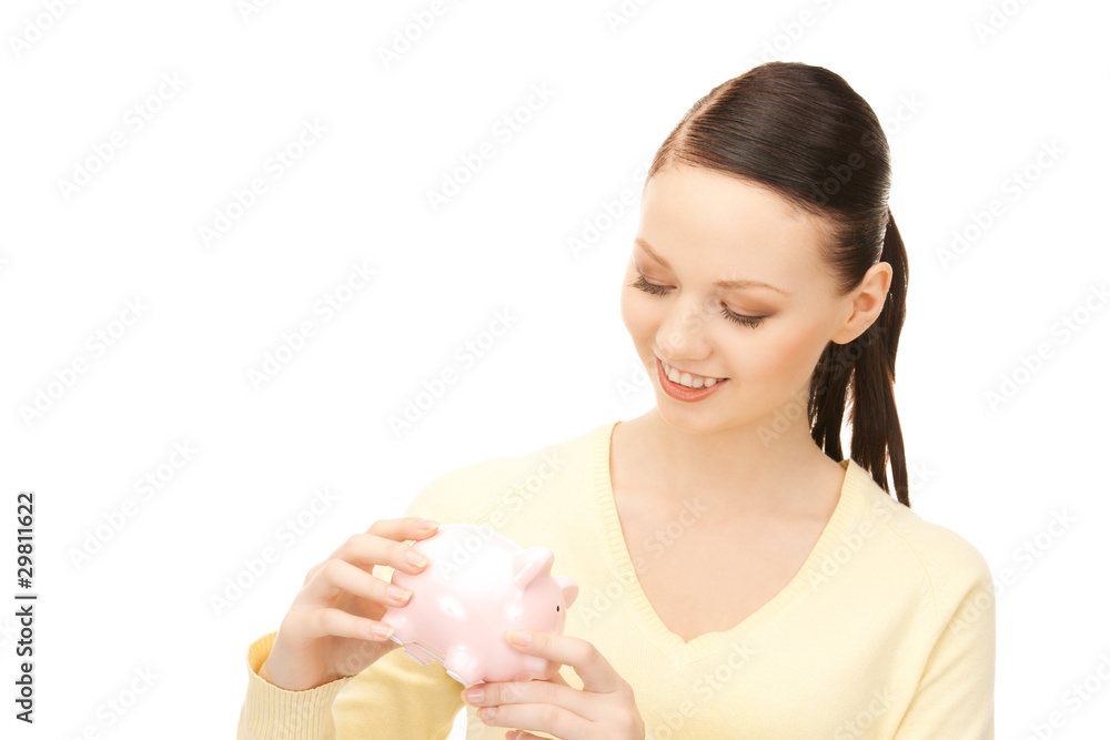lovely woman with piggy bank.