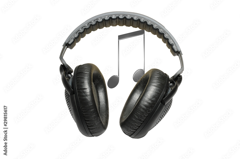 Black professional headphones and music isolated on white Black professional headphones and music isolated on white
