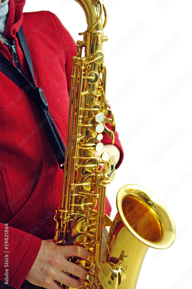 Obraz premium Saxophonist, detail isolated on white