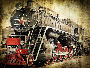 Papier peint photo Rouge, noir, blanc Locomotive à vapeur style grunge  © Avantgarde