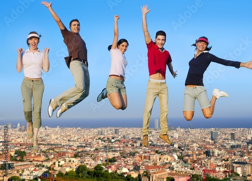 Photography Jumping young people group on city buildings