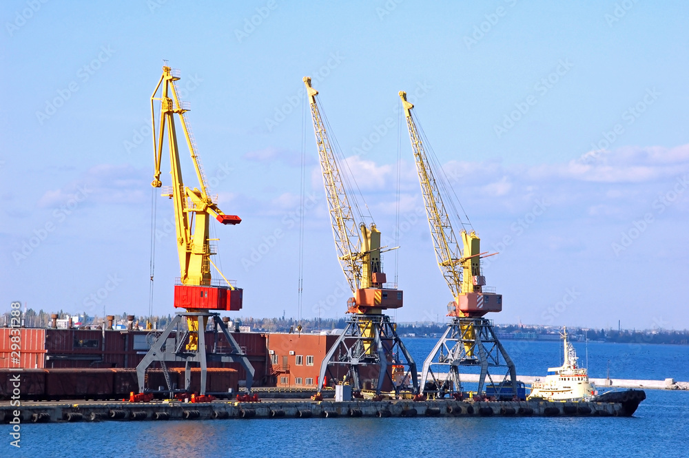 Cargo ship under crane bridge in harbor