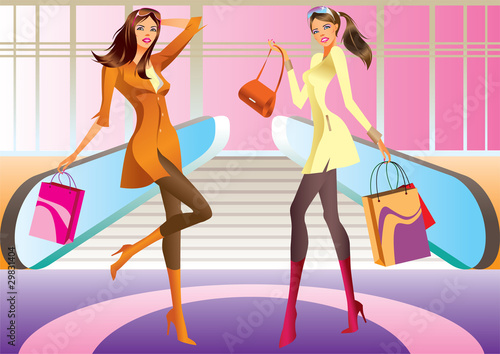 two fashion shopping girl with  bag in mall