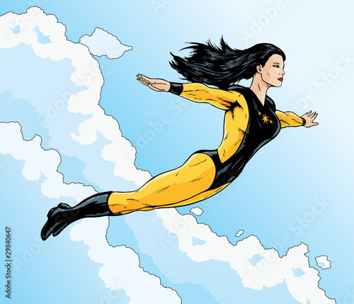Asian superhero flying free through the clouds.