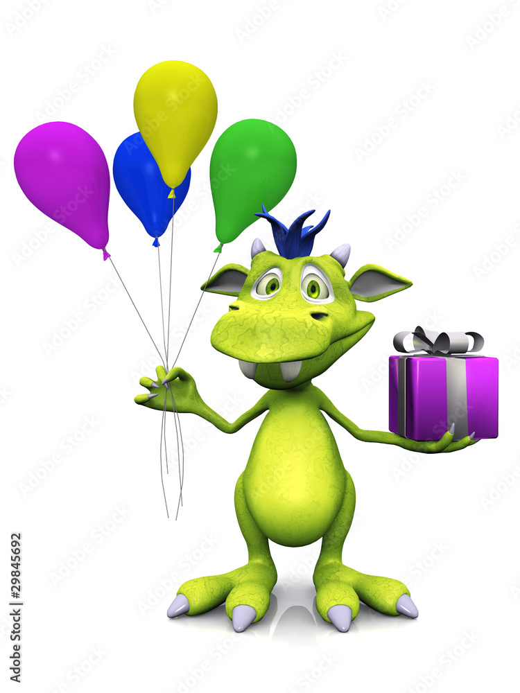 Naklejka premium Cute cartoon monster holding balloons and a gift.