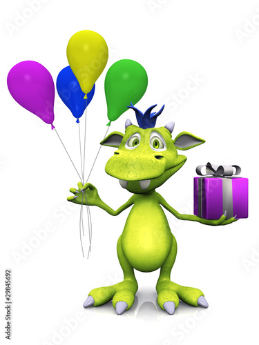 Cute cartoon monster holding balloons and a gift.