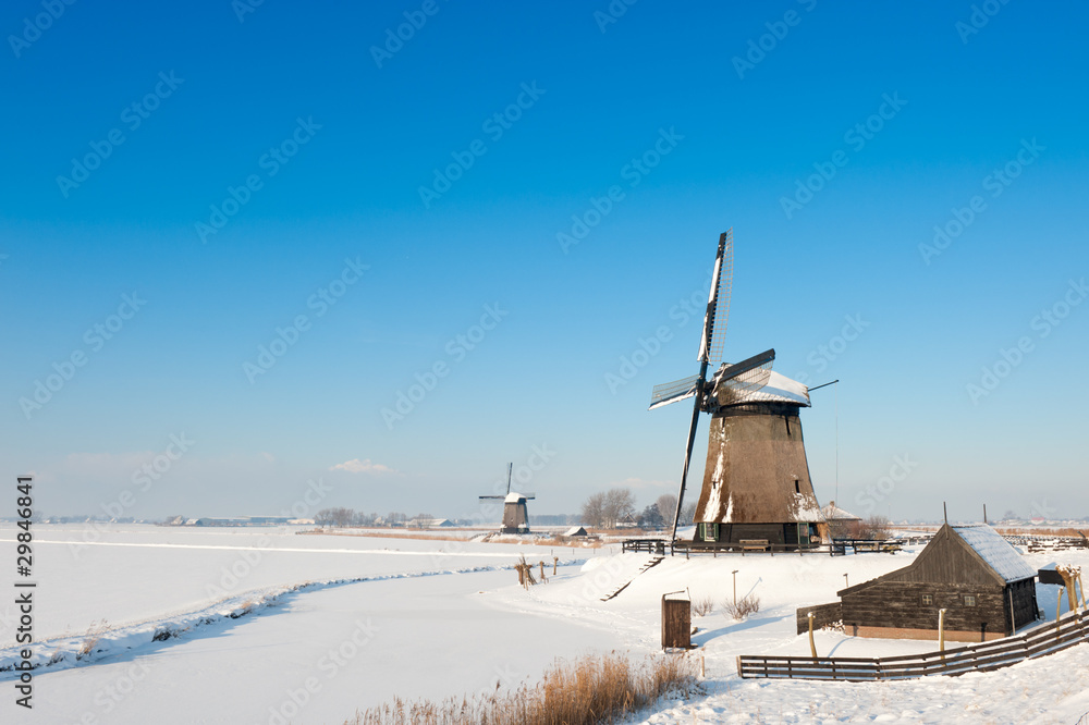 Beautiful winter windmill landscape