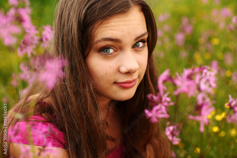 Fototapeta premium woman on pink flower field