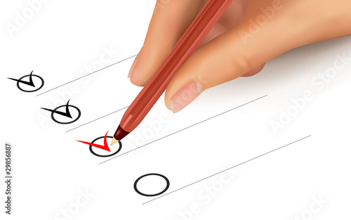 List of checkboxes and hand with pen. Vector