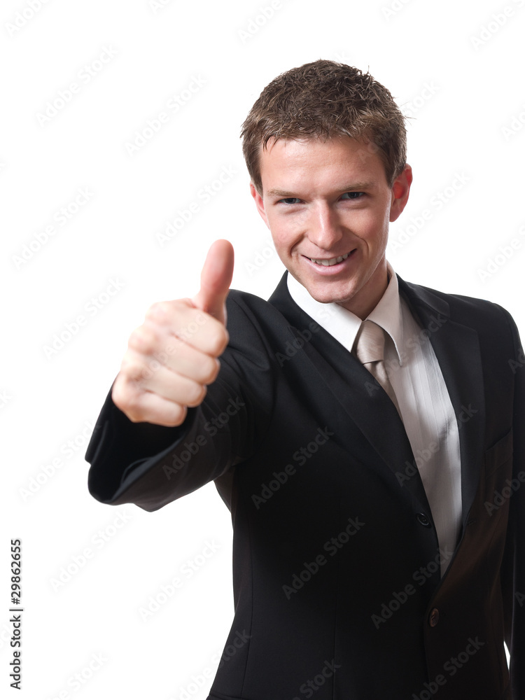 young smiling businessman with thumb up isolated young smiling businessman with thumb up isolated