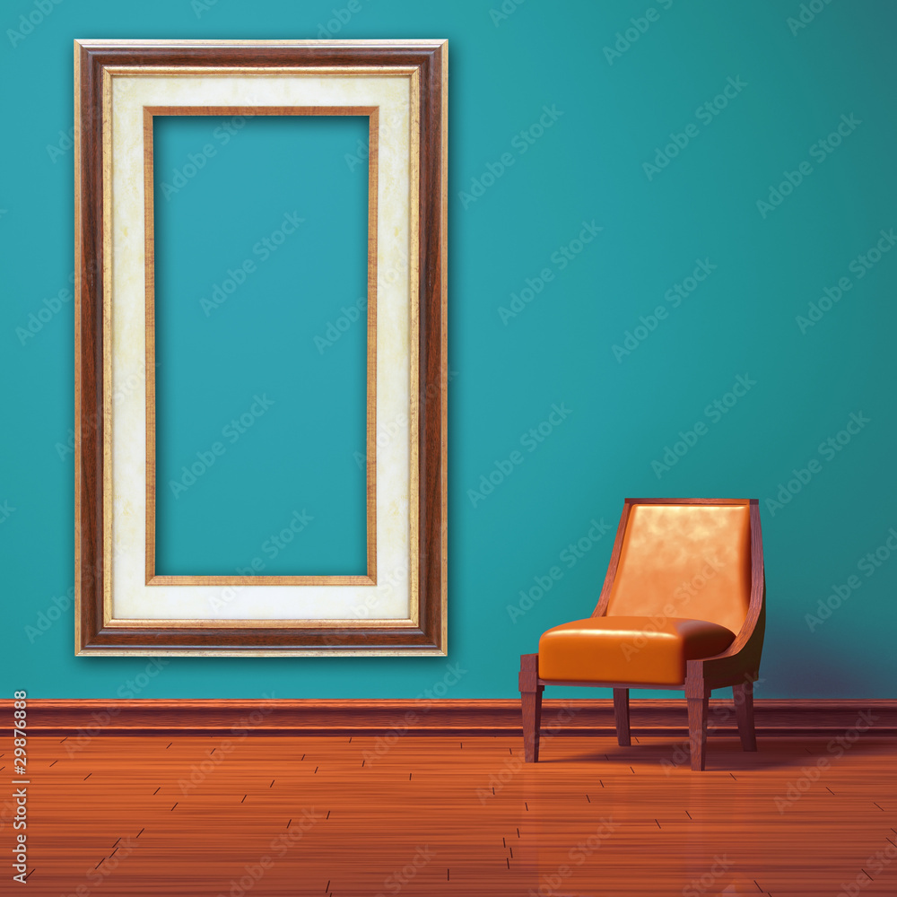 Orange chair with empty frame in blue minimalist interior
