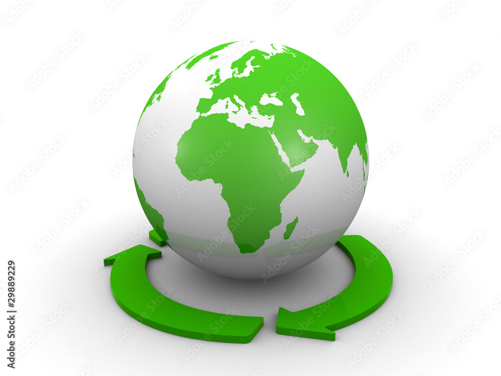 world globe and a recycle symbol