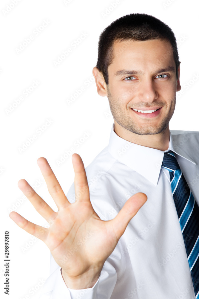 Happy smiling businessman showing five fingers, isolated Happy smiling businessman showing five fingers, isolated