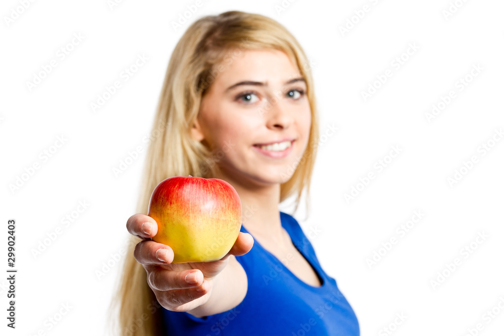 junges mädchen zeigt apfel junges mädchen zeigt apfel