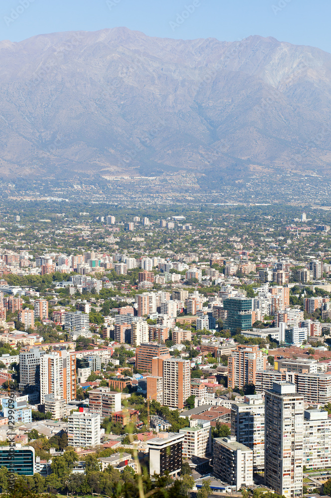Cityscape of Santiago from St. Cristobal hill. Chile, South Amer