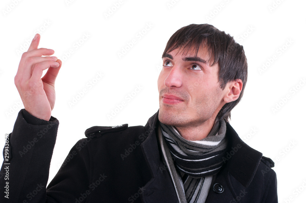 The man in the coat looks away The man in the coat looks away