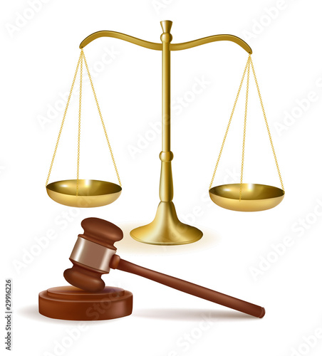 Scales of justice and judge gavel. Vector