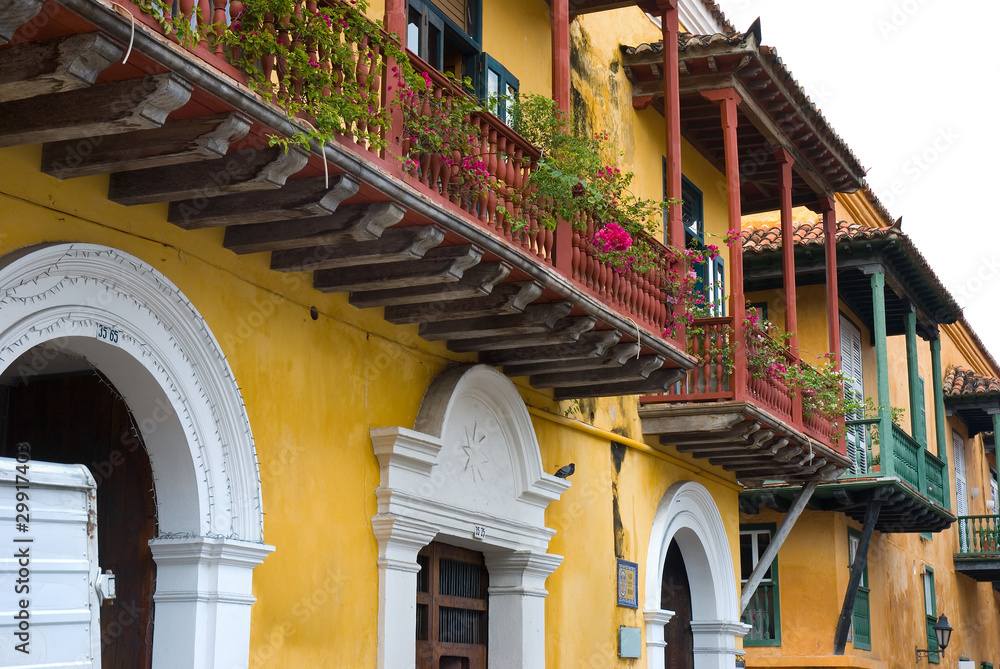 Facade of old buildings. Cartagena, Colombia.