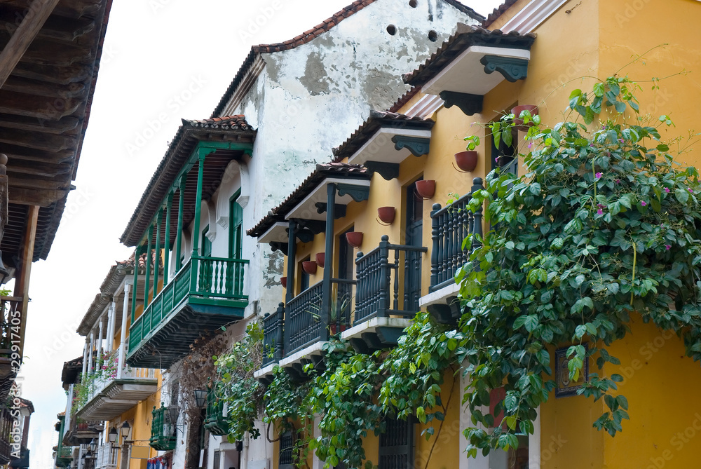 Facade of old colonial buildings. Cartagena, Colombia.