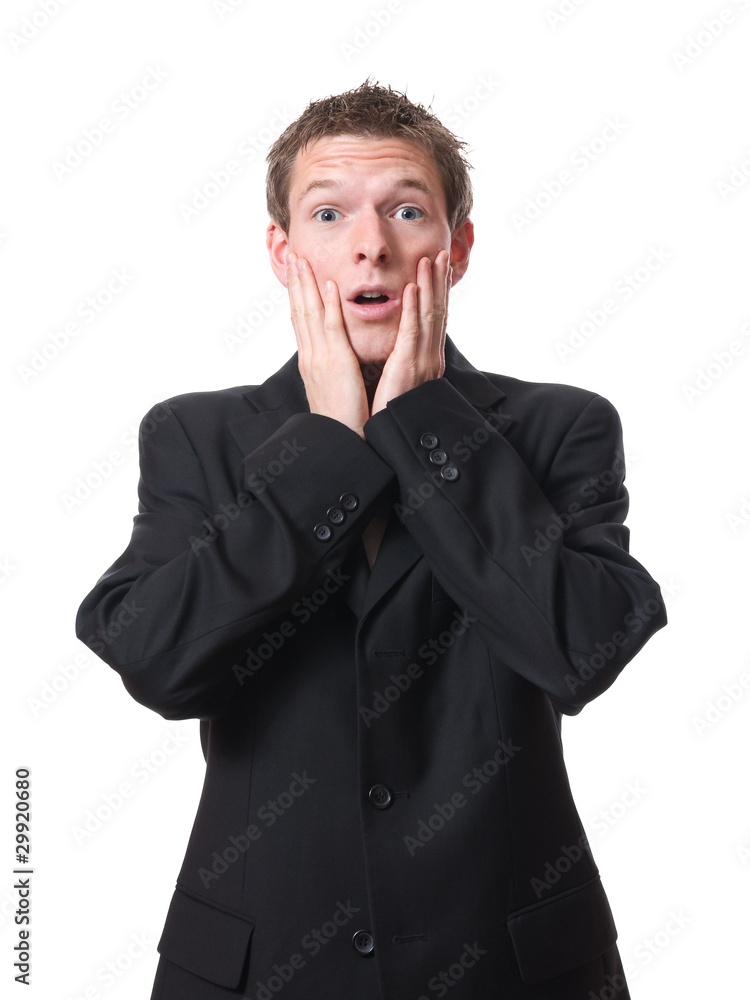 young amazed businessman isolated on white