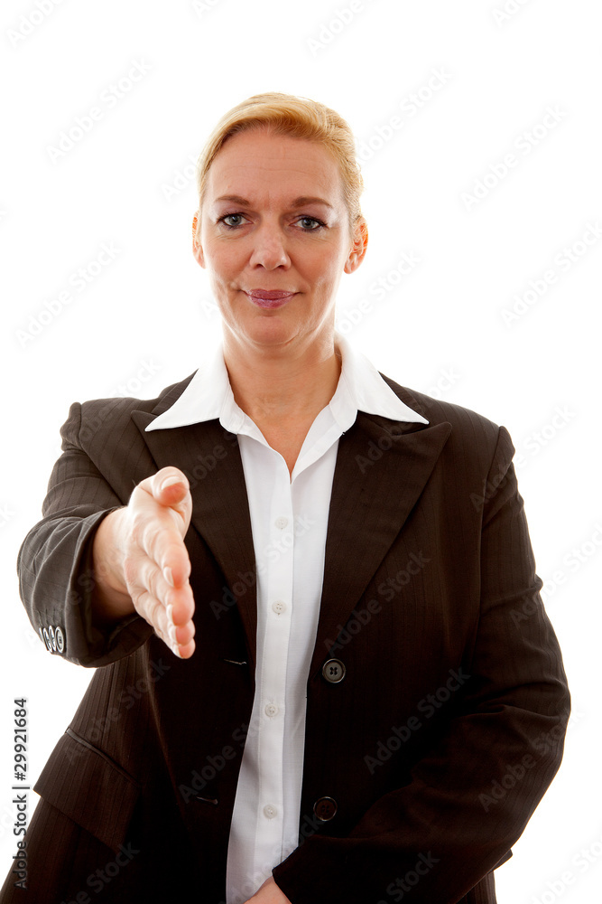 Businesswoman is shaking hand over white background Businesswoman is shaking hand over white background