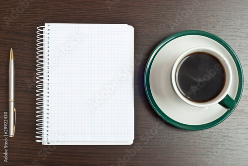 notebook, pen & coffee
