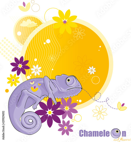 Chameleon sitting on the flowers and camouflaging