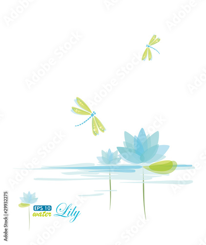 Water Lili and dragonfly, nature background, eps-10