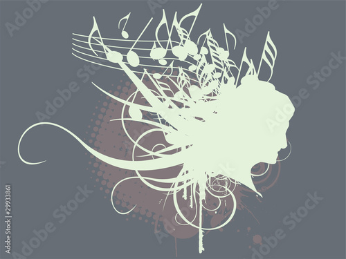 Woman head with musical notes and floral ornaments