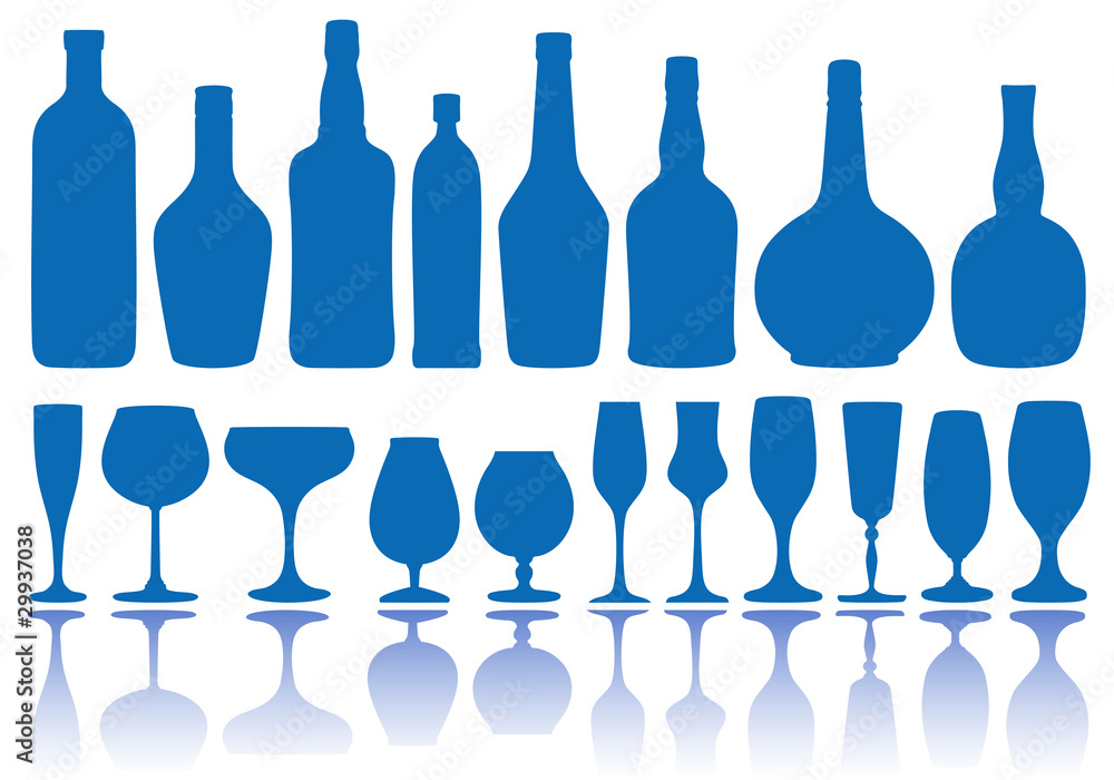 set of bottles and glasses, vector set of bottles and glasses, vector