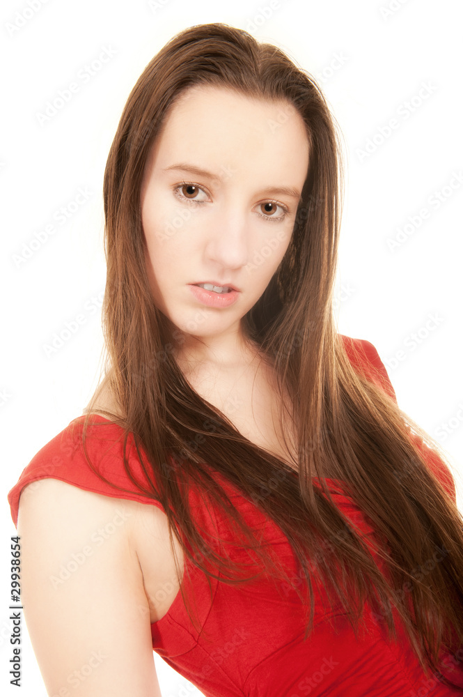 Portrait einer schönen jungen Frau in rotem Kleid Portrait einer schönen jungen Frau in rotem Kleid