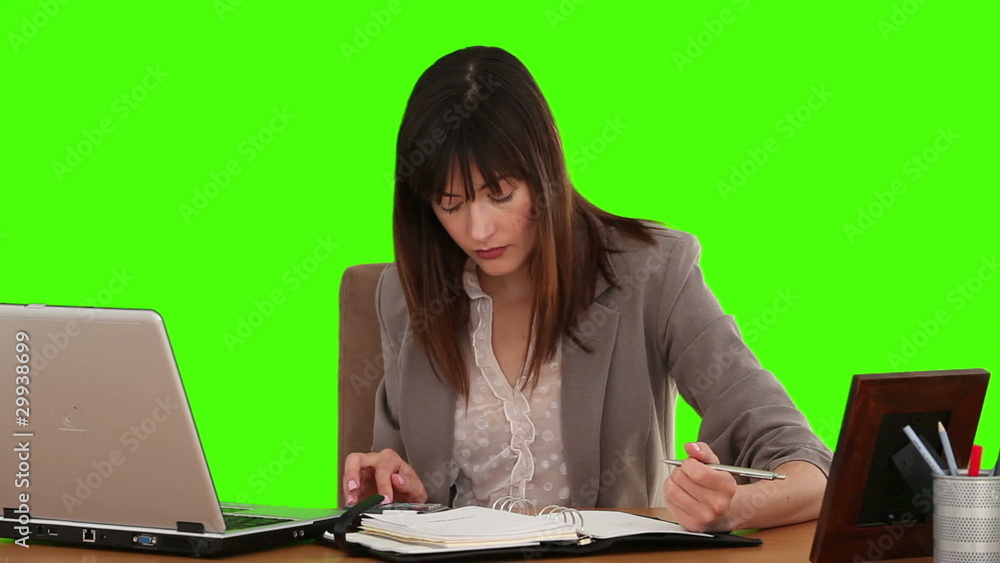 Businesswoman calculating her bills at her desk Businesswoman calculating her bills at her desk