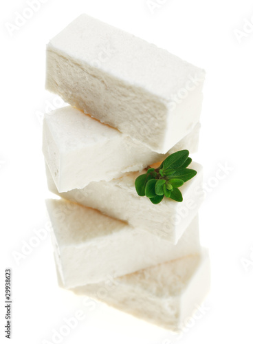 Feta cheese cubes with thyme twig